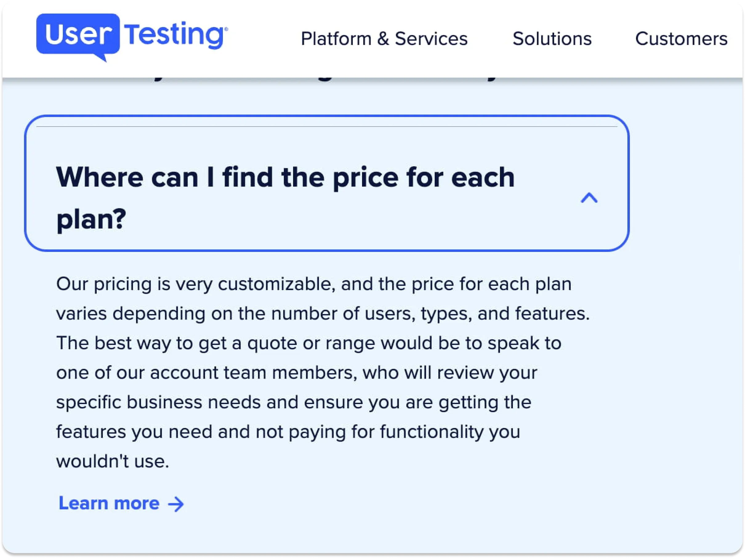 A frequently asked question on the Usertesting website, asking 'where can I find the price for each plan?'