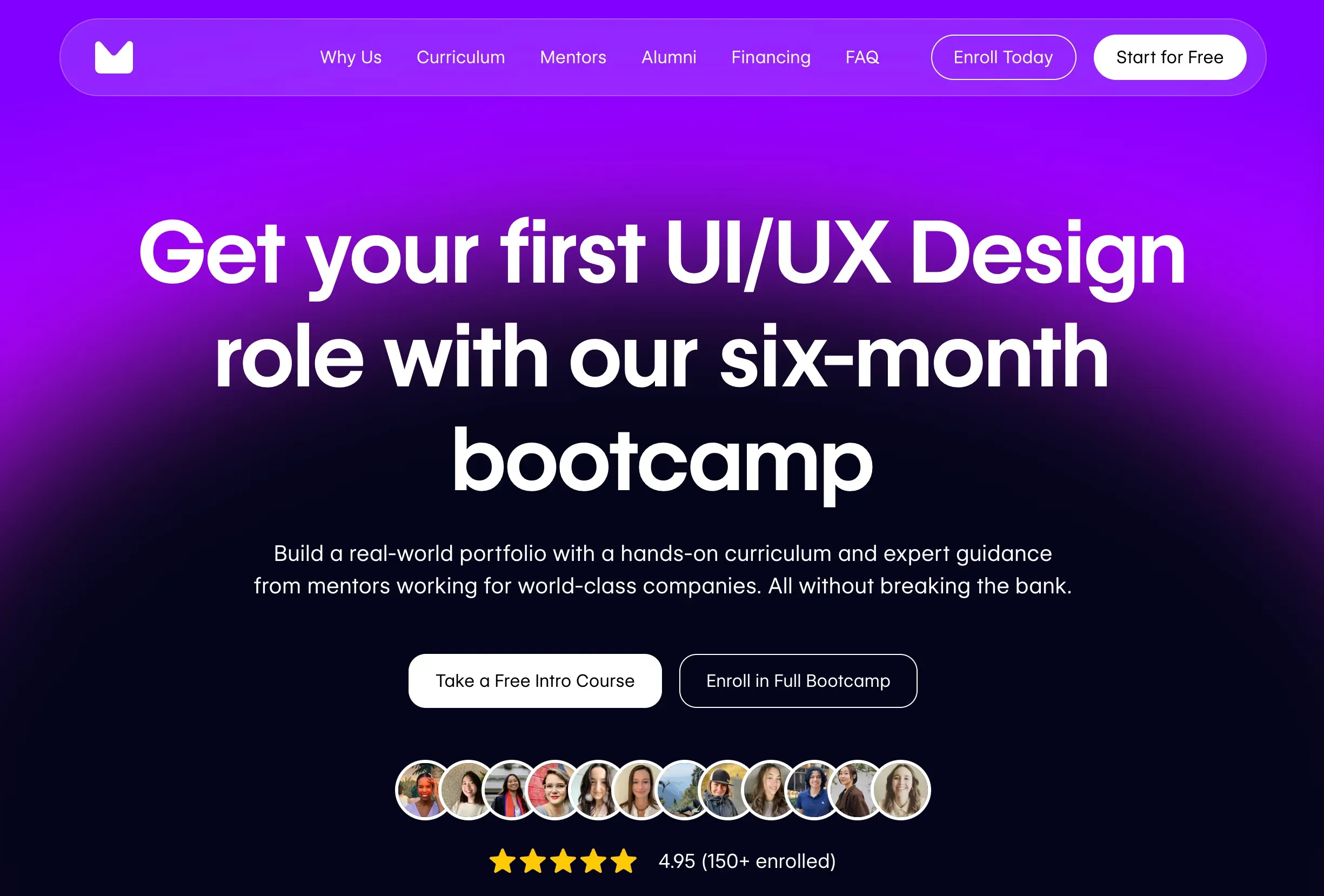 A UX design course by the company Mento Design Academy. This is showing their homepage.