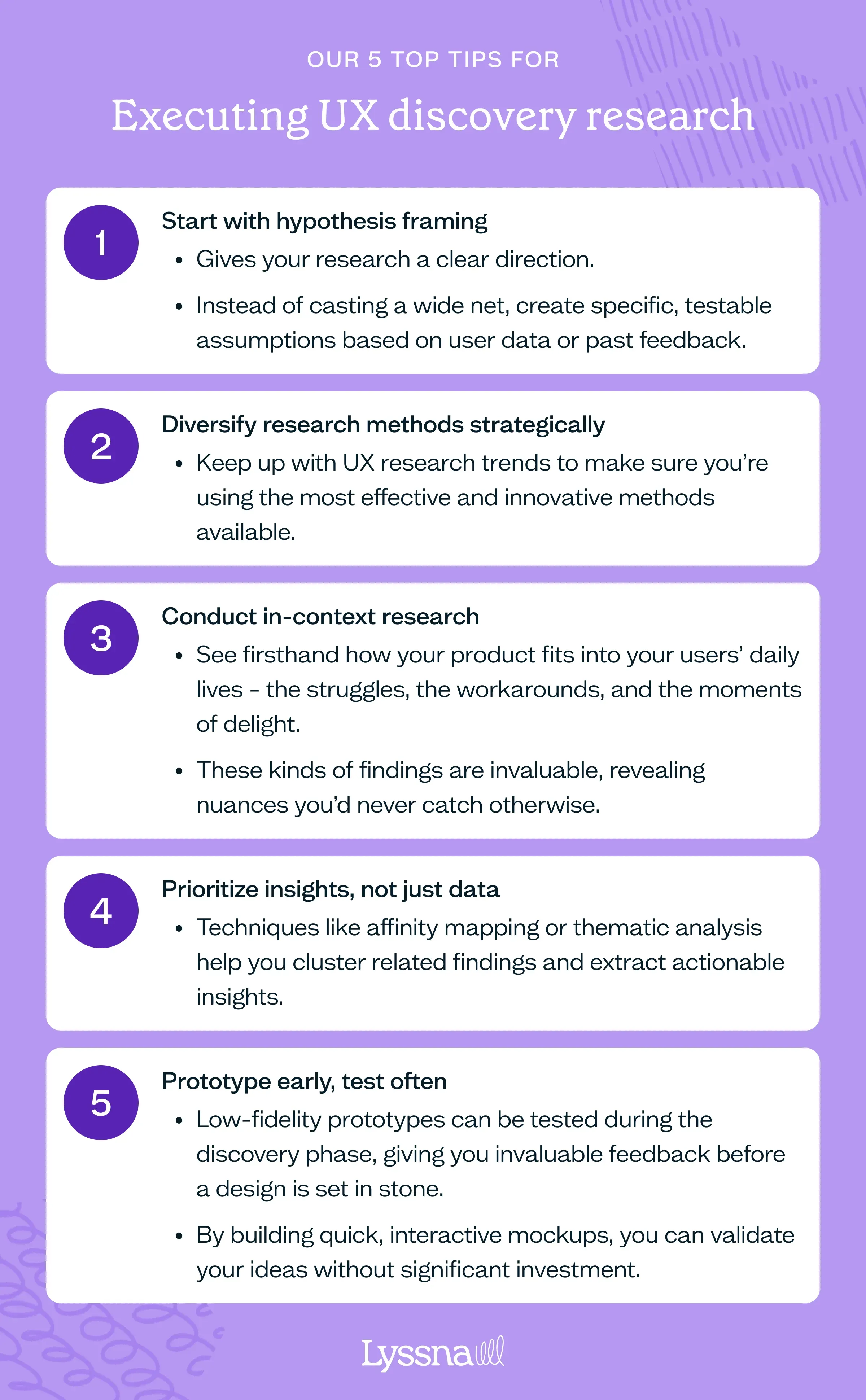 List of five top tips for executing UX discovery research