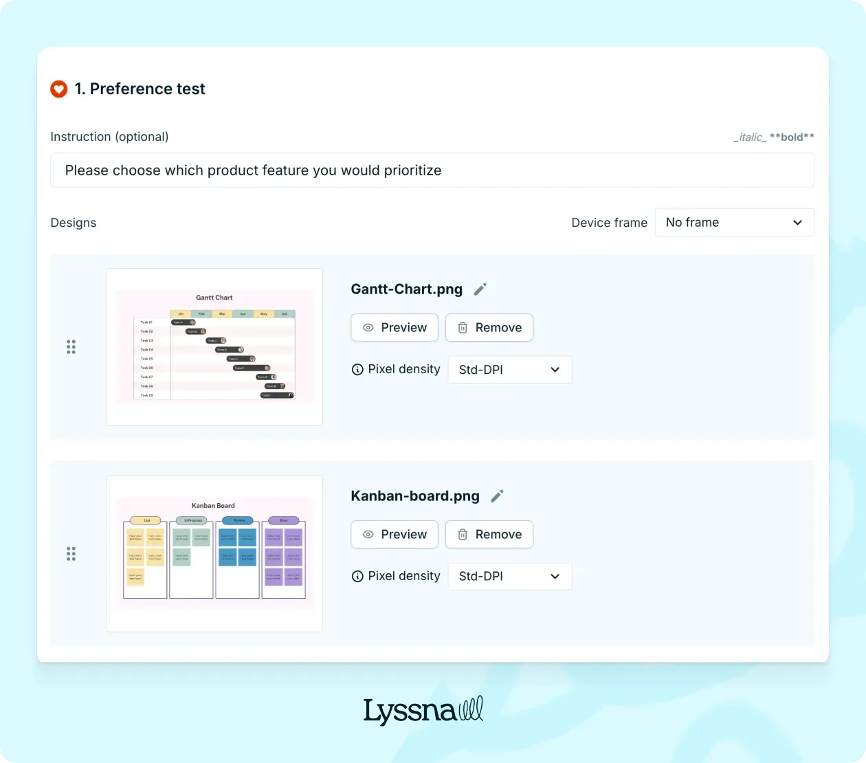 An example of Lyssna's preference template that can be used when consumer product testing