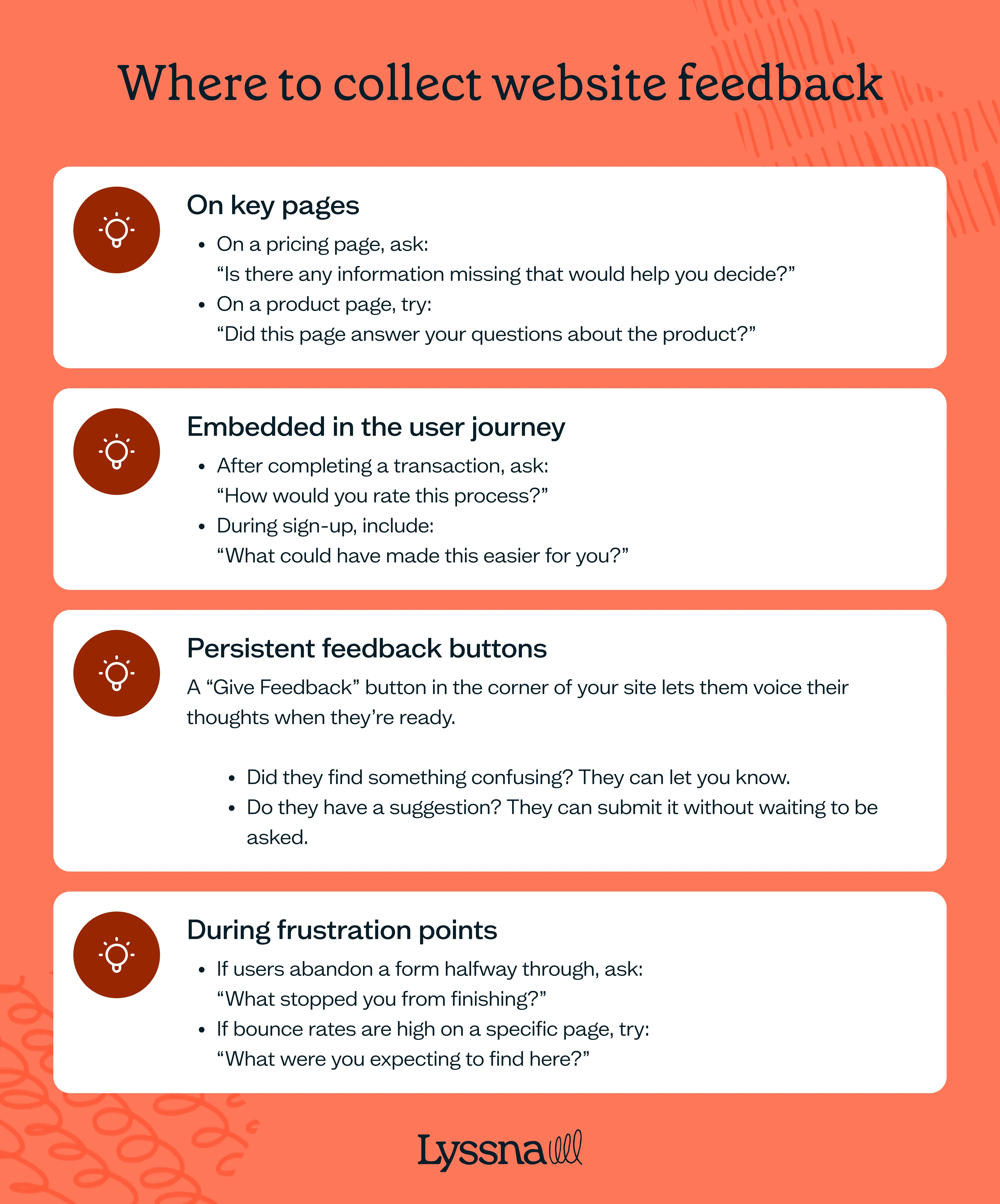 List of areas where you can collect website feedback - Website feedback survey
