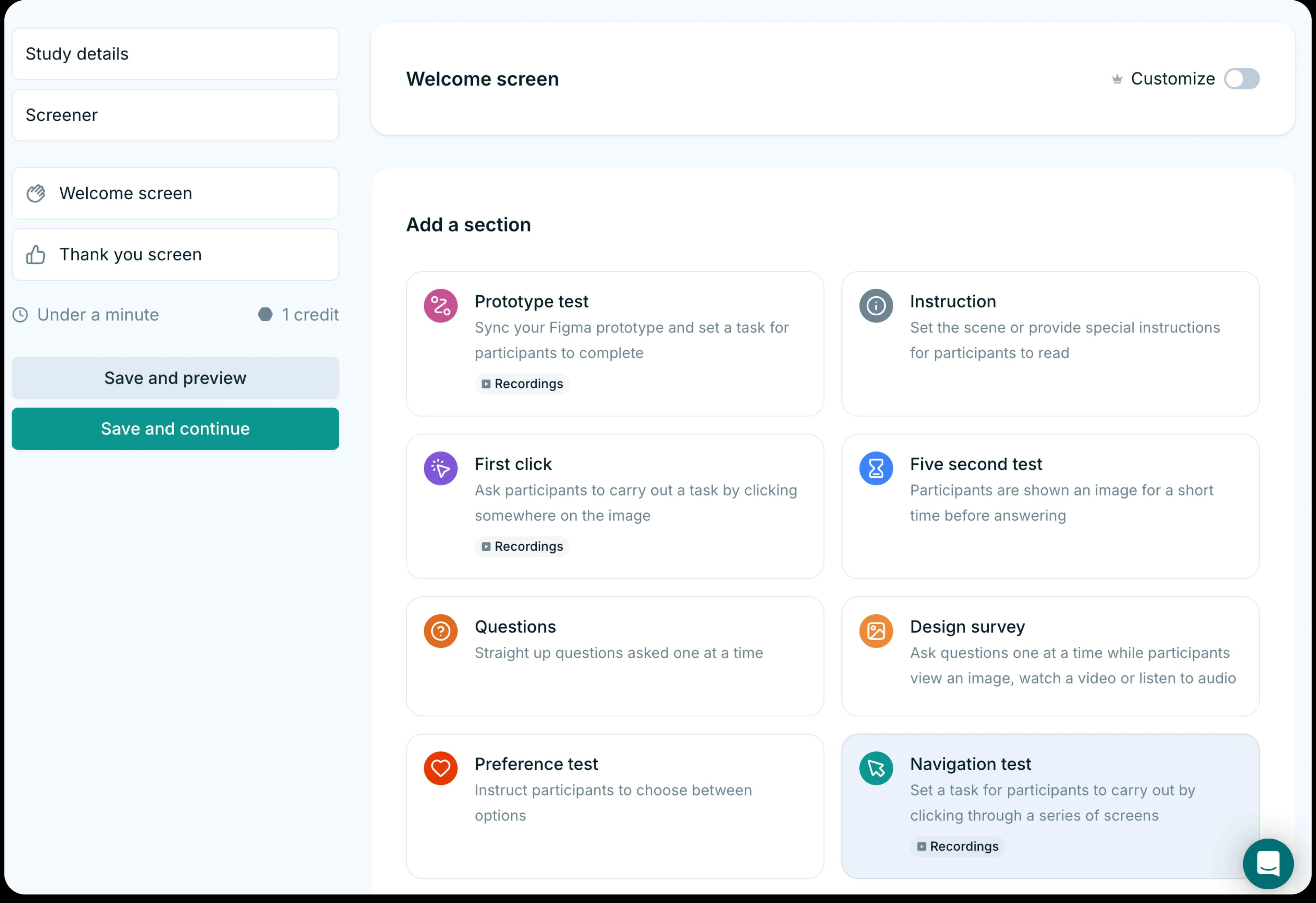 The Lyssna Dashboard showing the different types of tests available