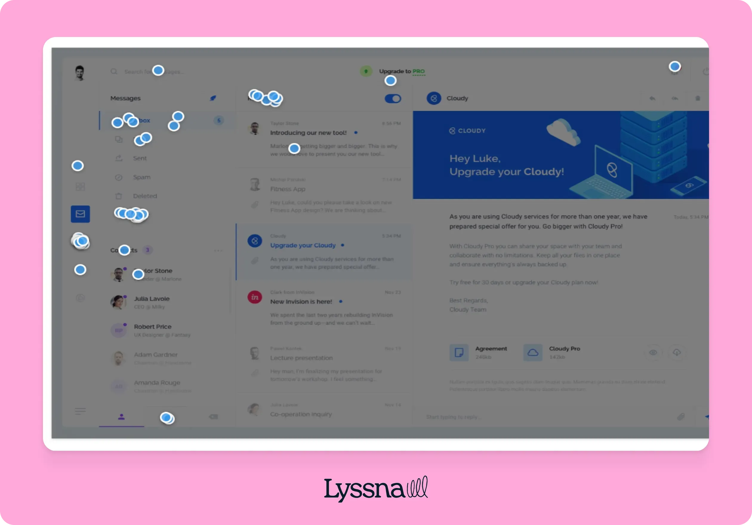 A user interface with a message inbox on the left and a Cloudy service upgrade prompt on the right, set against a pink background.
