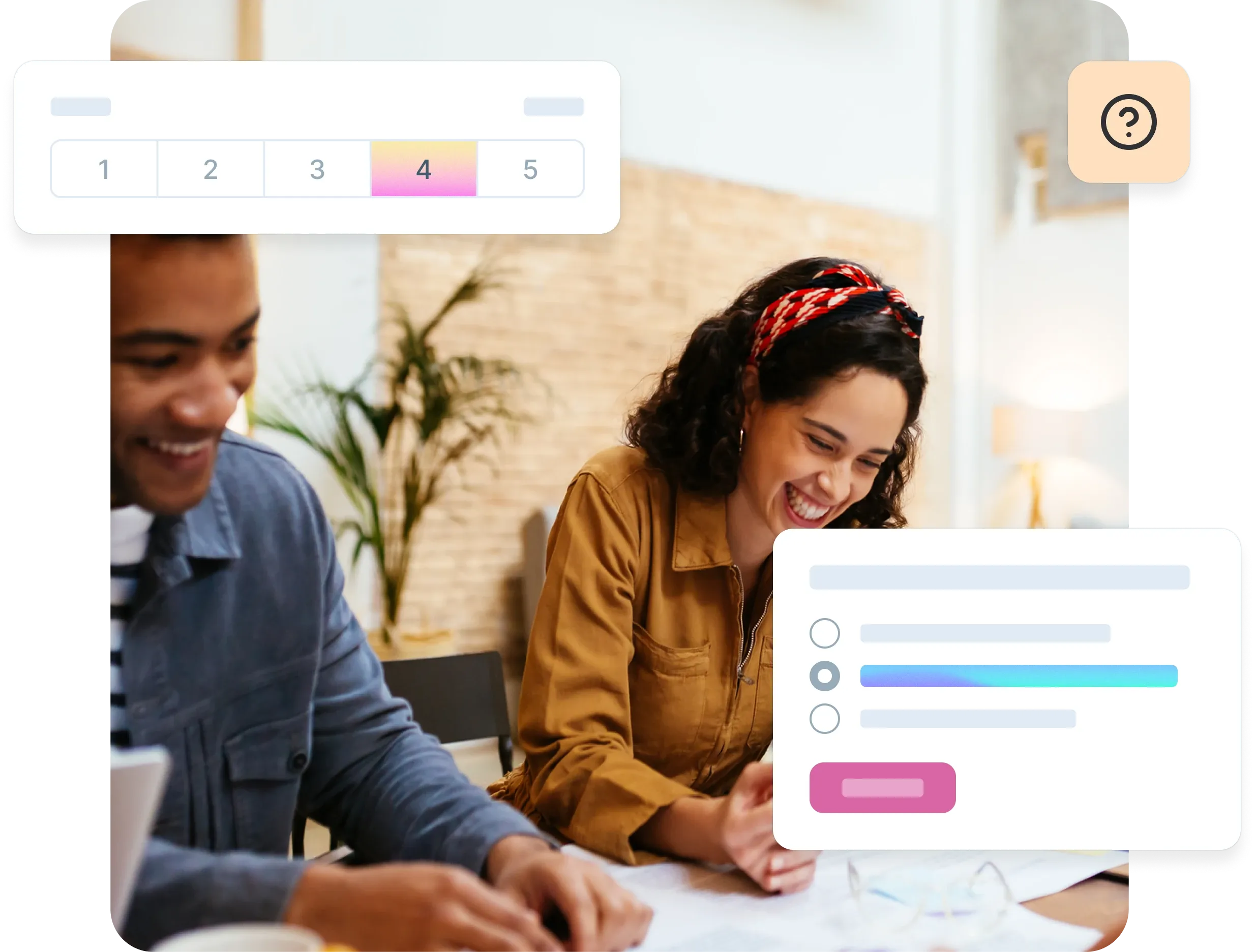 Two people smiling and working together on market research.